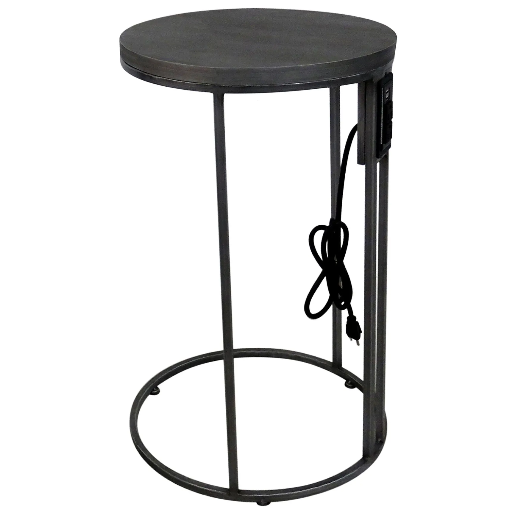 Round Wood-Top Silver Metal C-Table With Usb Port, Large Premium